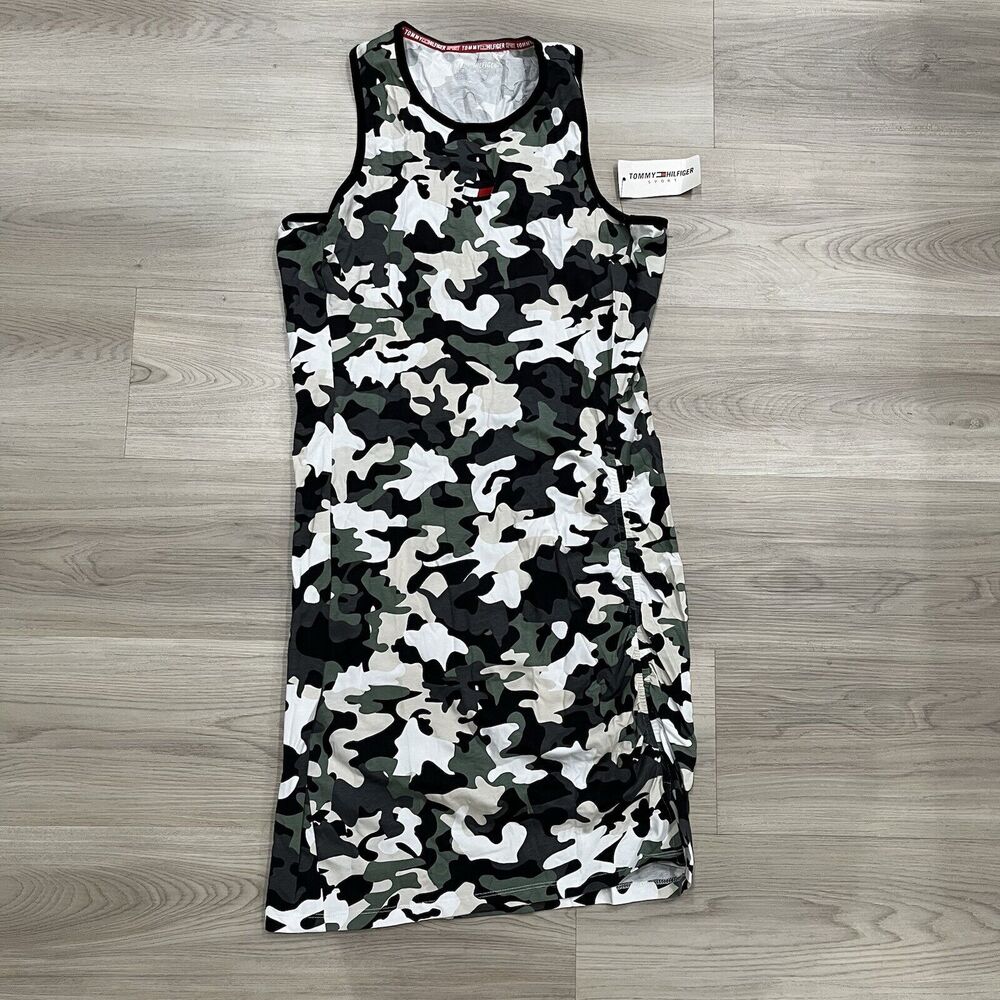 TOMMY HILFIGER SPORT WOMEN KNEE LENGTH CAMO-DRESS-BLACK/GREEN SLEEVELESS SIZE S